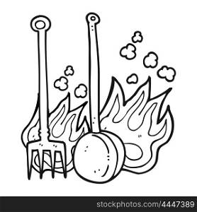 freehand drawn black and white cartoon hot fireside tools