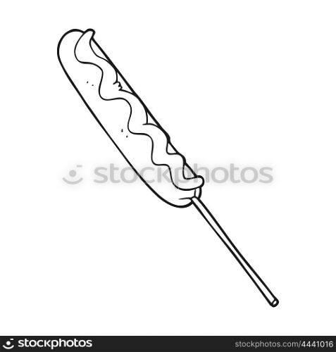 freehand drawn black and white cartoon hotdog on a stick