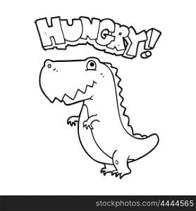 freehand drawn black and white cartoon hungry dinosaur
