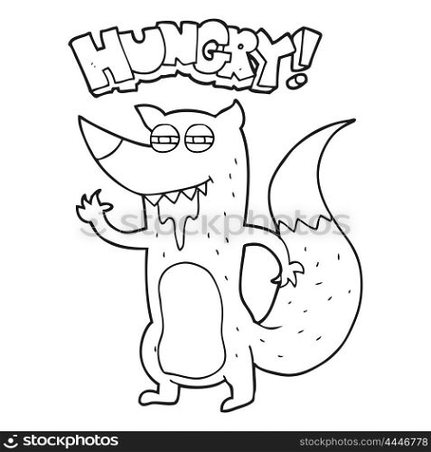 freehand drawn black and white cartoon hungry wolf