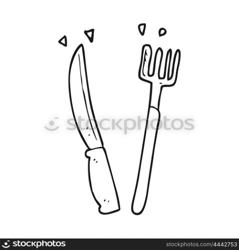 freehand drawn black and white cartoon knife and fork