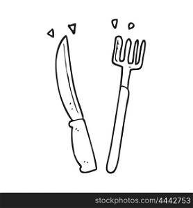 freehand drawn black and white cartoon knife and fork