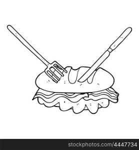 freehand drawn black and white cartoon knife and fork cutting huge sandwich