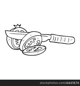 freehand drawn black and white cartoon knife slicing a tomato