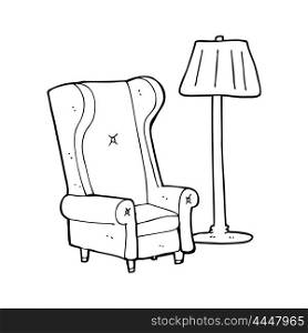 freehand drawn black and white cartoon lamp and old chair