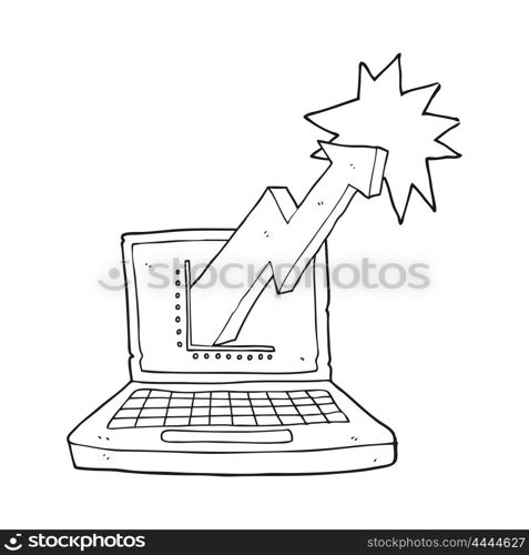 freehand drawn black and white cartoon laptop computer with business graph