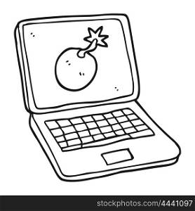 freehand drawn black and white cartoon laptop computer with error screen