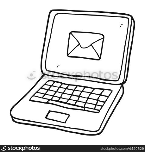 freehand drawn black and white cartoon laptop computer with message symbol on screen
