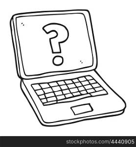 freehand drawn black and white cartoon laptop computer with question mark