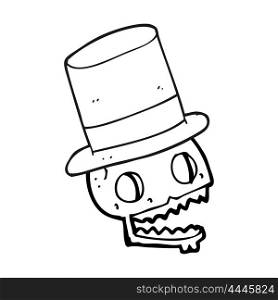 freehand drawn black and white cartoon laughing skull in top hat