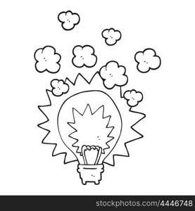 freehand drawn black and white cartoon light bulb shining