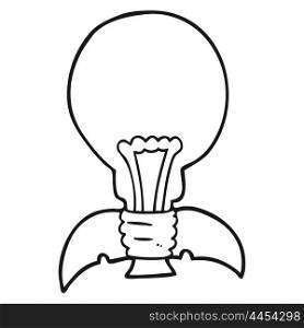 freehand drawn black and white cartoon lightbulb rocket ship