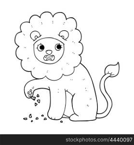 freehand drawn black and white cartoon lion with thorn in foot