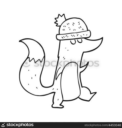 freehand drawn black and white cartoon little wolf wearing hat