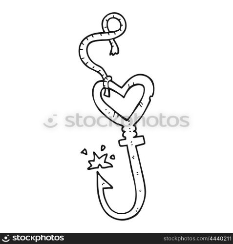 freehand drawn black and white cartoon love heart fish hook