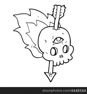 freehand drawn black and white cartoon magic skull with arrow through brain