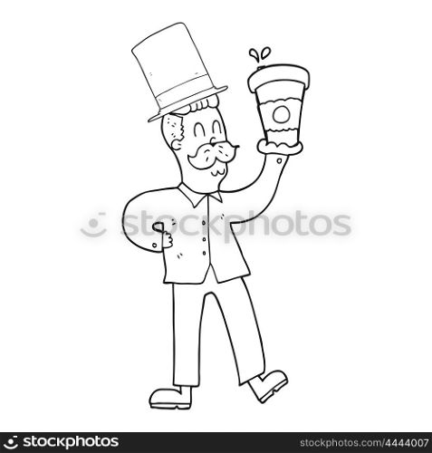 freehand drawn black and white cartoon man with coffee cup