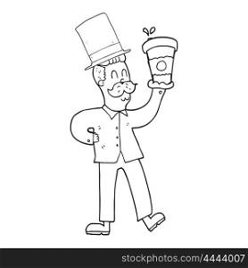 freehand drawn black and white cartoon man with coffee cup