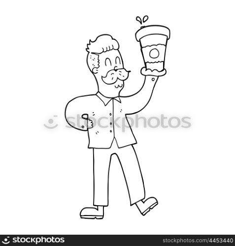 freehand drawn black and white cartoon man with coffee cups