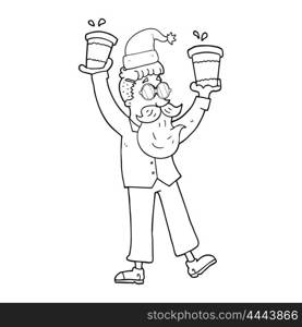 freehand drawn black and white cartoon man with coffee cups at christmas