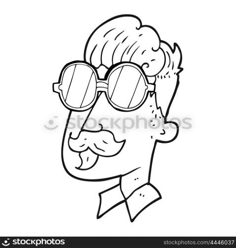 freehand drawn black and white cartoon man with mustache and spectacles