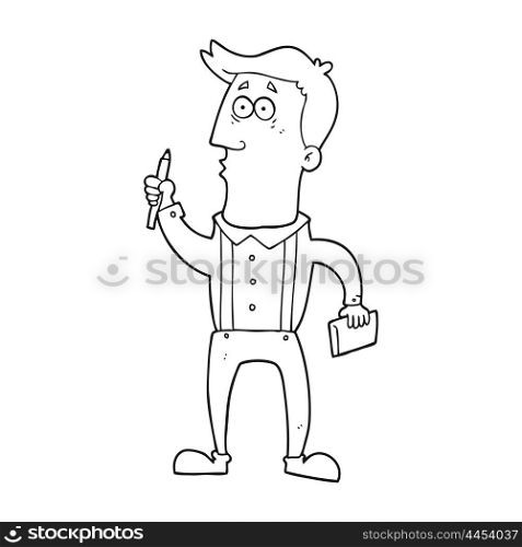 freehand drawn black and white cartoon man with notebook