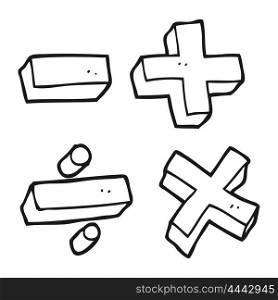 freehand drawn black and white cartoon math symbols