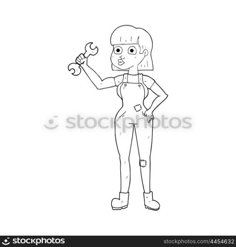 freehand drawn black and white cartoon mechanic woman