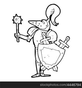 freehand drawn black and white cartoon medieval knight with shield
