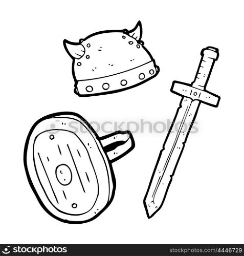freehand drawn black and white cartoon medieval warrior objects