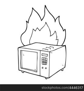 freehand drawn black and white cartoon microwave on fire