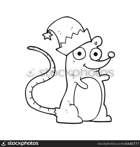 freehand drawn black and white cartoon mouse wearing christmas hat