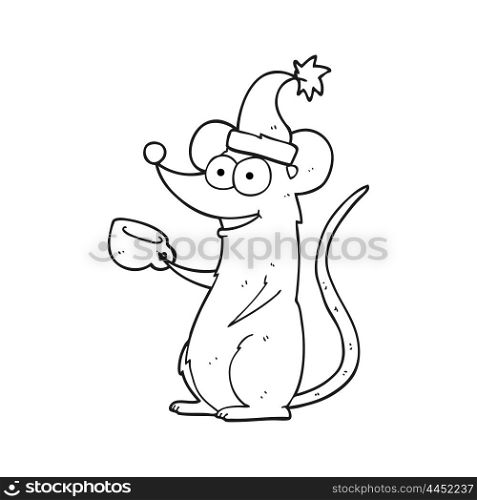 freehand drawn black and white cartoon mouse wearing christmas hat