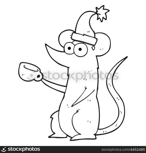 freehand drawn black and white cartoon mouse wearing christmas hat