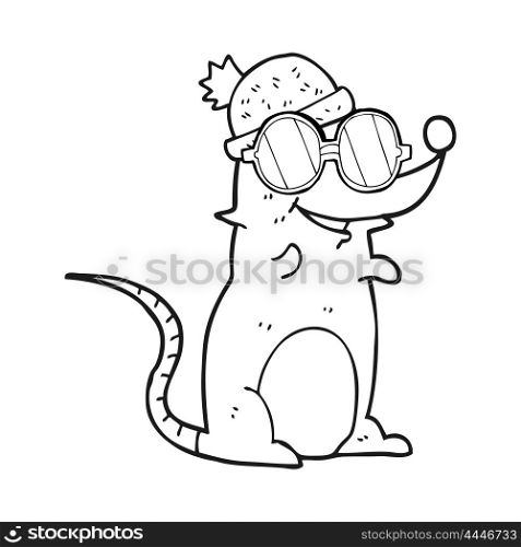 freehand drawn black and white cartoon mouse wearing glasses and hat