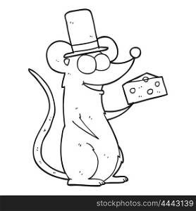 freehand drawn black and white cartoon mouse with cheese