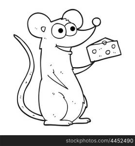 freehand drawn black and white cartoon mouse with cheese