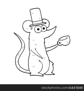 freehand drawn black and white cartoon mouse with cup and top hat