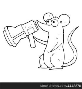 freehand drawn black and white cartoon mouse with megaphone