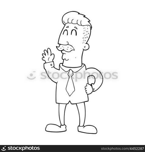 freehand drawn black and white cartoon office man waving
