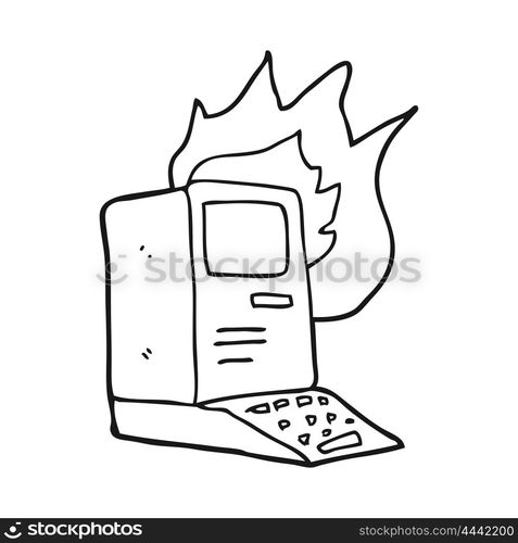 freehand drawn black and white cartoon old computer on fire ...