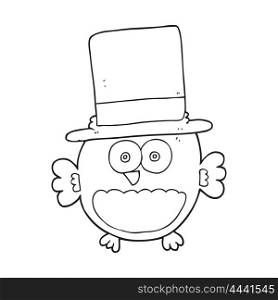 freehand drawn black and white cartoon owl in top hat