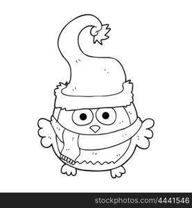 freehand drawn black and white cartoon owl wearing christmas hat
