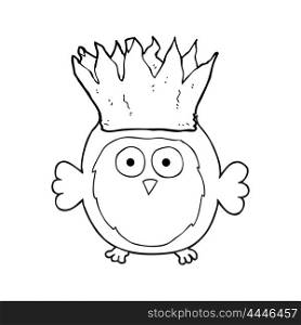 freehand drawn black and white cartoon owl wearing paper crown christmas hat