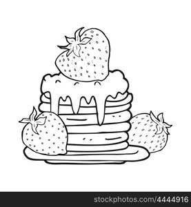 freehand drawn black and white cartoon pancake stack with strawberries