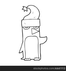 freehand drawn black and white cartoon penguin in christmas hat