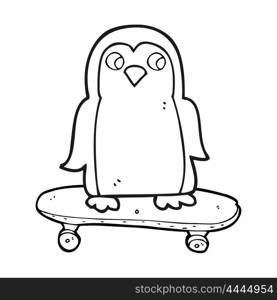 freehand drawn black and white cartoon penguin riding skateboard