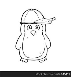 freehand drawn black and white cartoon penguin wearing hat