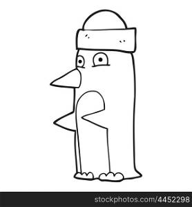 freehand drawn black and white cartoon penguin wearing hat