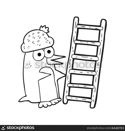 freehand drawn black and white cartoon penguin with ladder